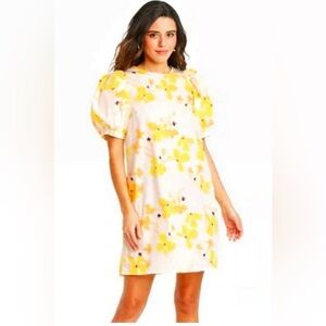 NWT A New Day Yellow White Floral Spring Cotton Puff Sleeve Mini Dress Size L